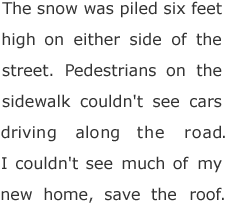 { The snow was piled six feet high on either side of the street. Pedestrians on the sidewalk couldn't see cars driving along the raod.  I 
couldn't see much of my new home, save the roof. -- fair-weather friends -- by matther conover}
